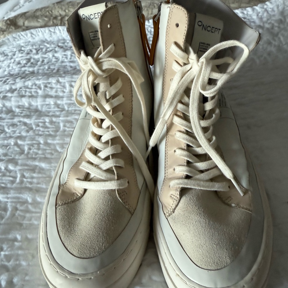 Stylish Oncept White and Tan High-Top Sneakers - Picture 2 of 11